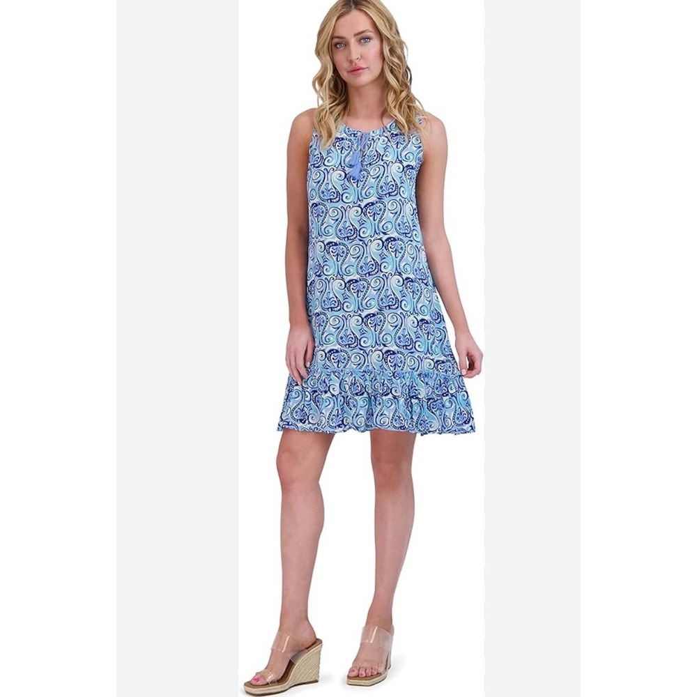 Stella Parker Paisley Shift Dress Womens Small Blue Resort Coastal Ruffle Tassel